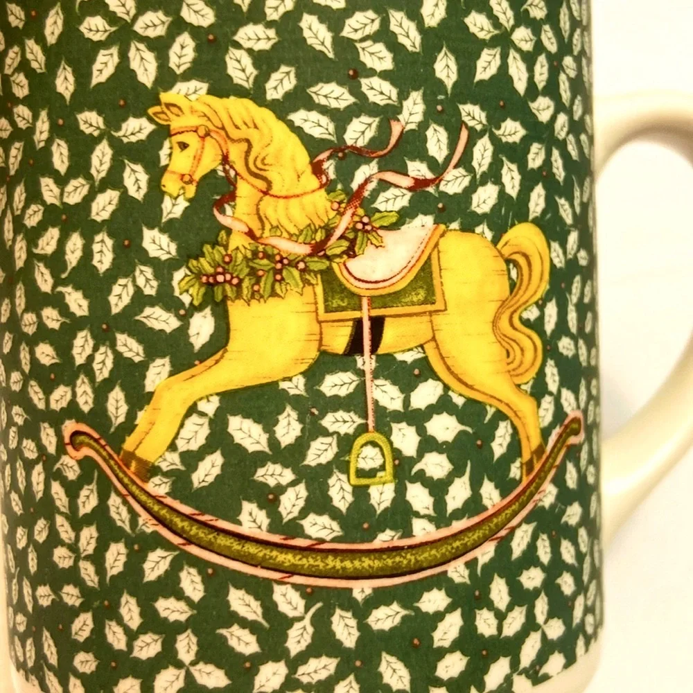 Rocking Horse Ceramic Coffee Mug - Cup features Green & White Holley Leaves-EUC